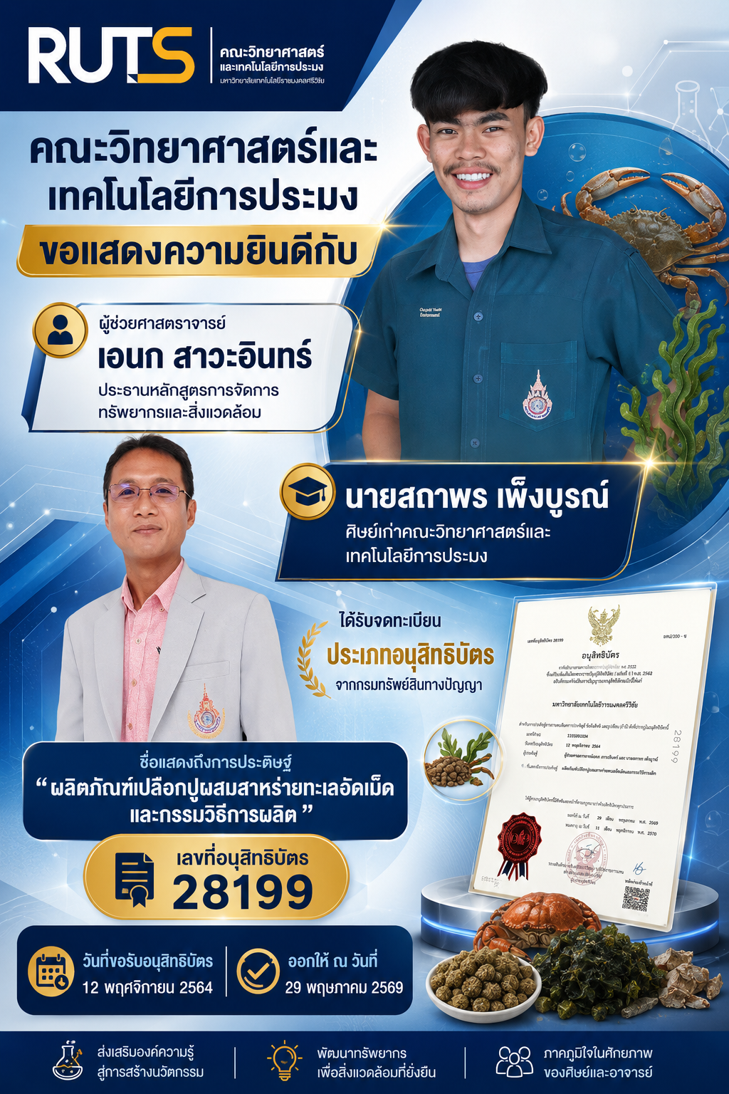 คณะวิทยาศาสตร์และเทคโนโลยีการประมง ขอแสดงความยินดีกับอาจารย์และนักศึกษาหลักสูตรการจัดการทรัพยากรและสิ่งแวดล้อม ได้รับจดทะเบียน ประเภทอนุสิทธิบัตร จากกรมทรัพย์สินทางปัญญา